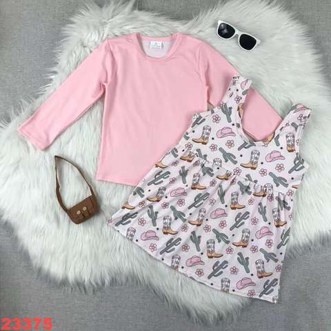 Cowgirl Print Dress with Pink Long Sleeve Top Set