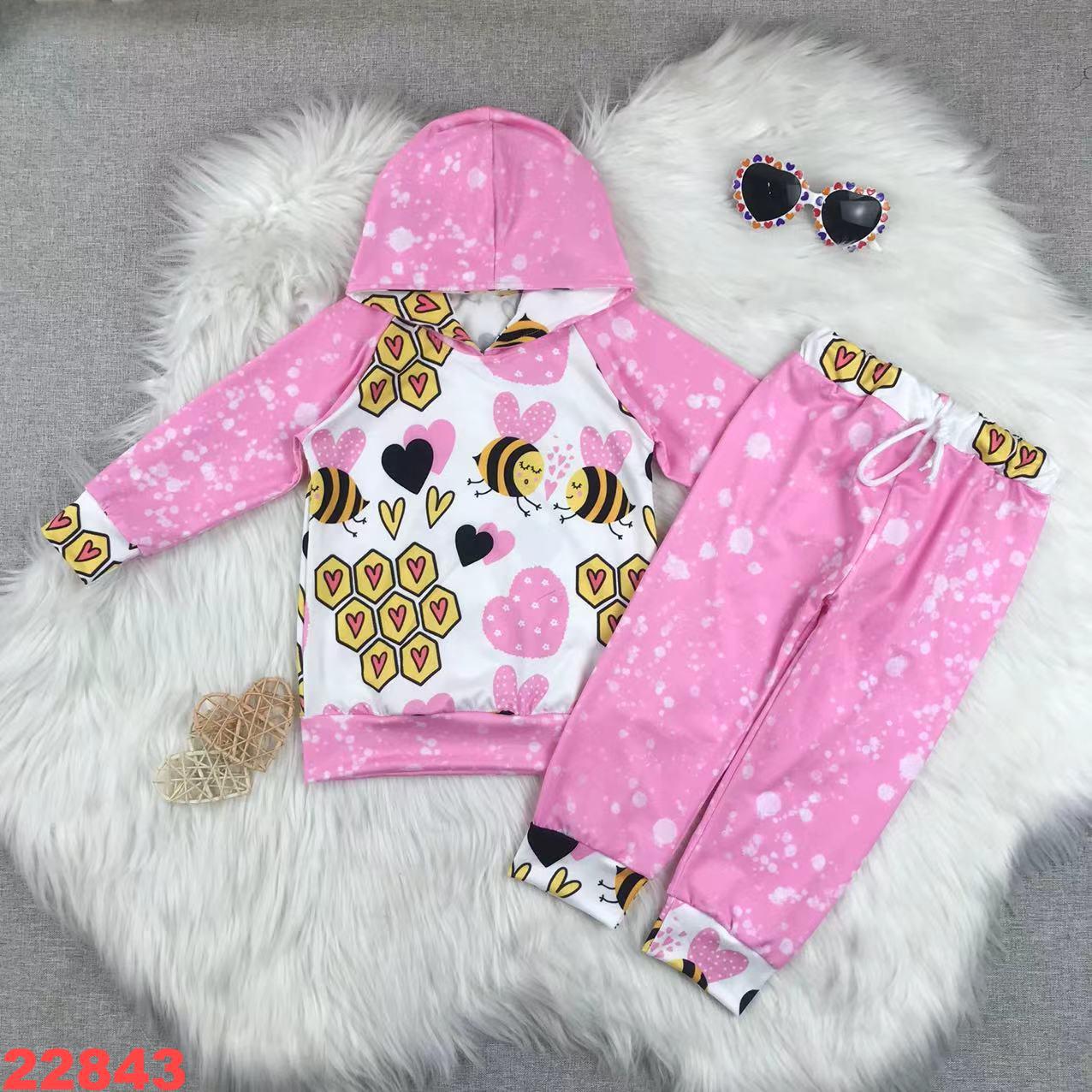 Pink Bee & Heart Print Long Sleeve Hoodie and Pants Set