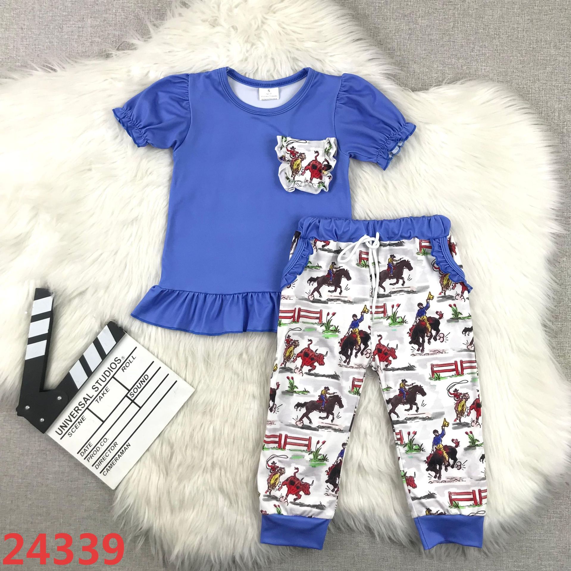 Girls Blue Ruffle Top and Equestrian Print Pants Set