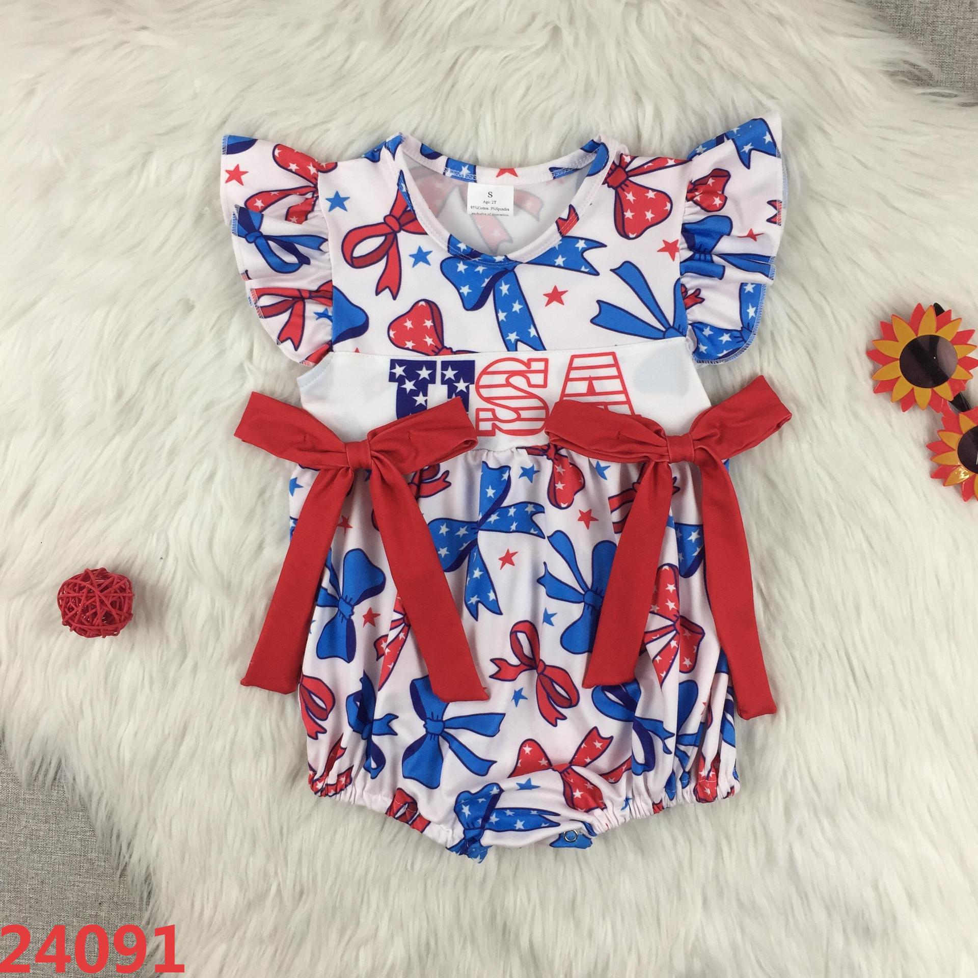 Patriotic Bow Print Ruffle Sleeve Romper