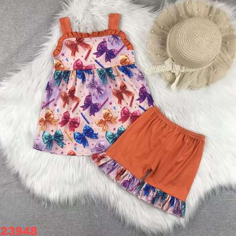 Girls' Bow Print Sleeveless Top and Shorts Set