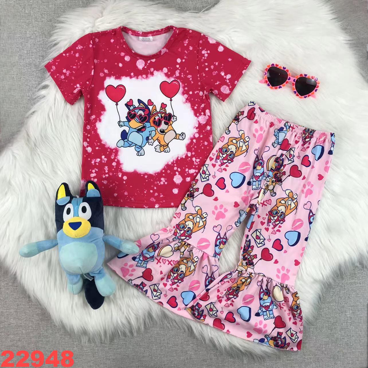 Kids' Cartoon-Themed Heart Print Short Sleeve and Ruffle Pants Outfit