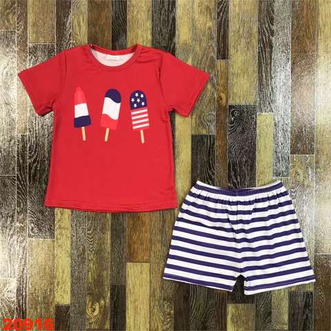 Red Short Sleeve Popsicle Top with Striped Shorts Set