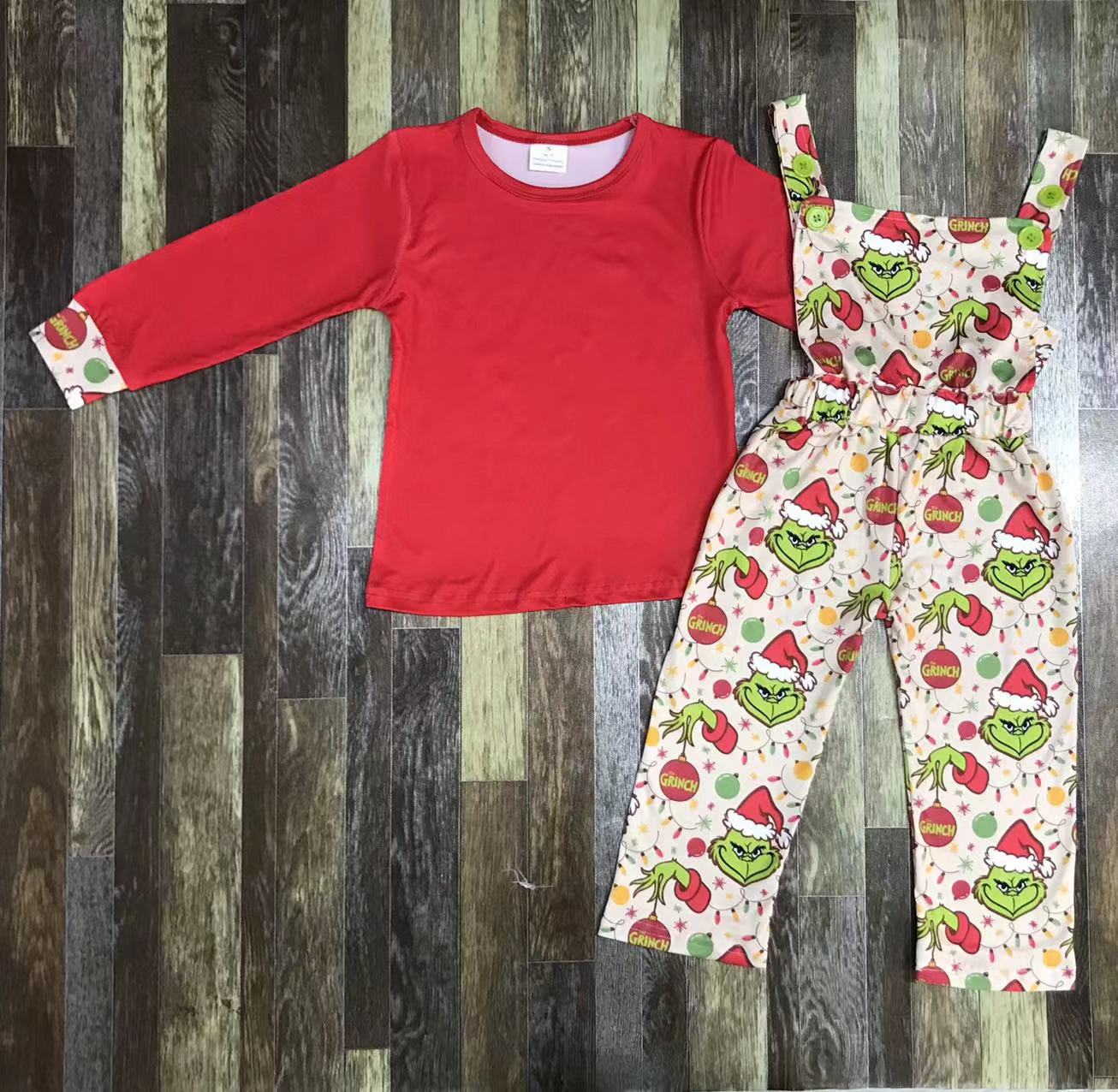 Festive Grinch Long Sleeve and Overalls Set