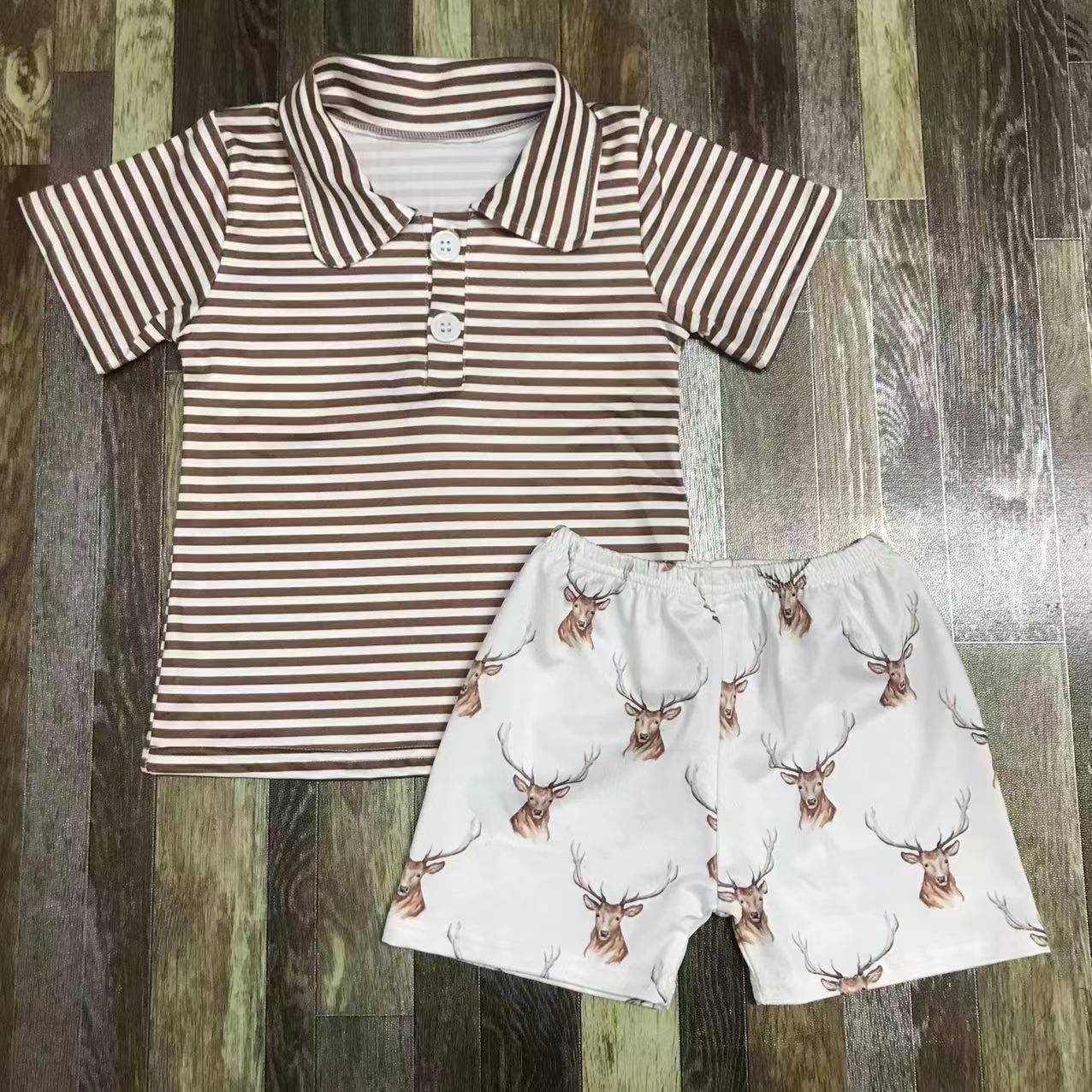Striped Polo Shirt with Deer Print Shorts