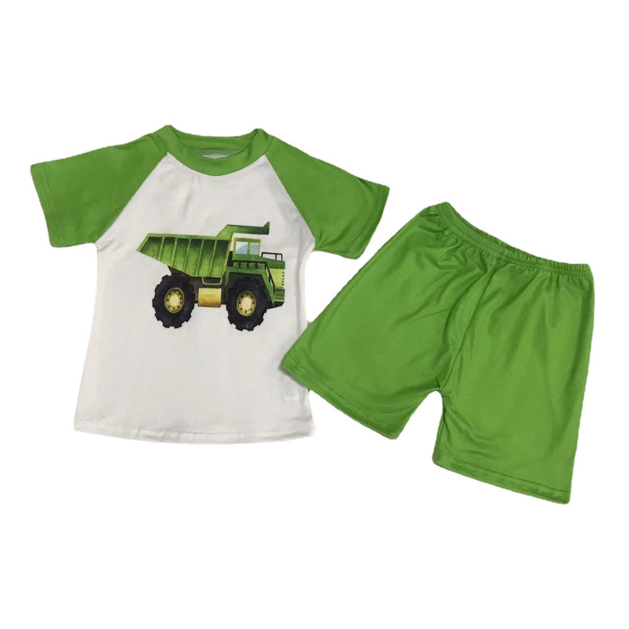 Children's Green Short Sleeve Set with Truck Print