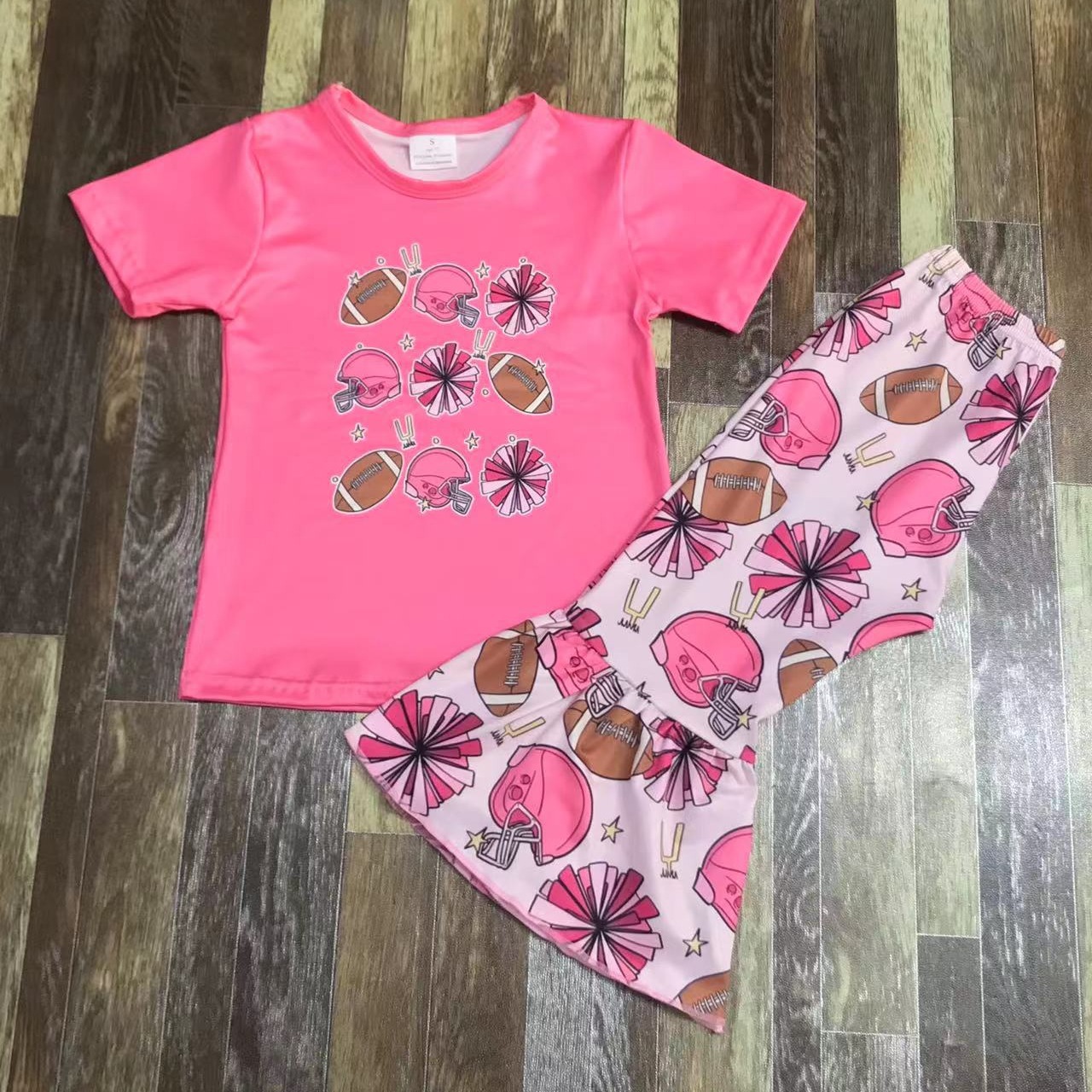 Pink Football Themed Short Sleeve Shirt and Pants Set