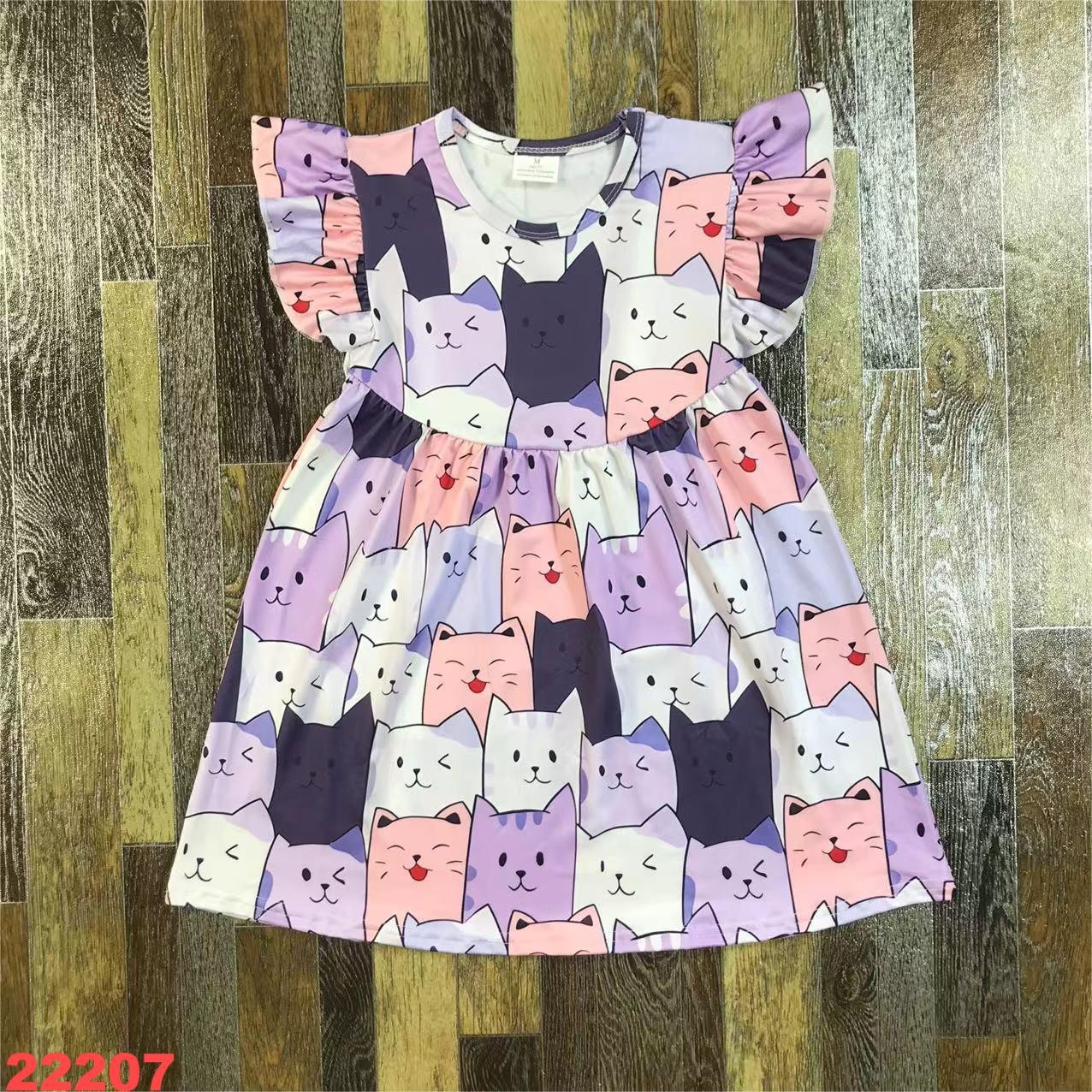 Girls' Cat Print Flutter Sleeve Dress