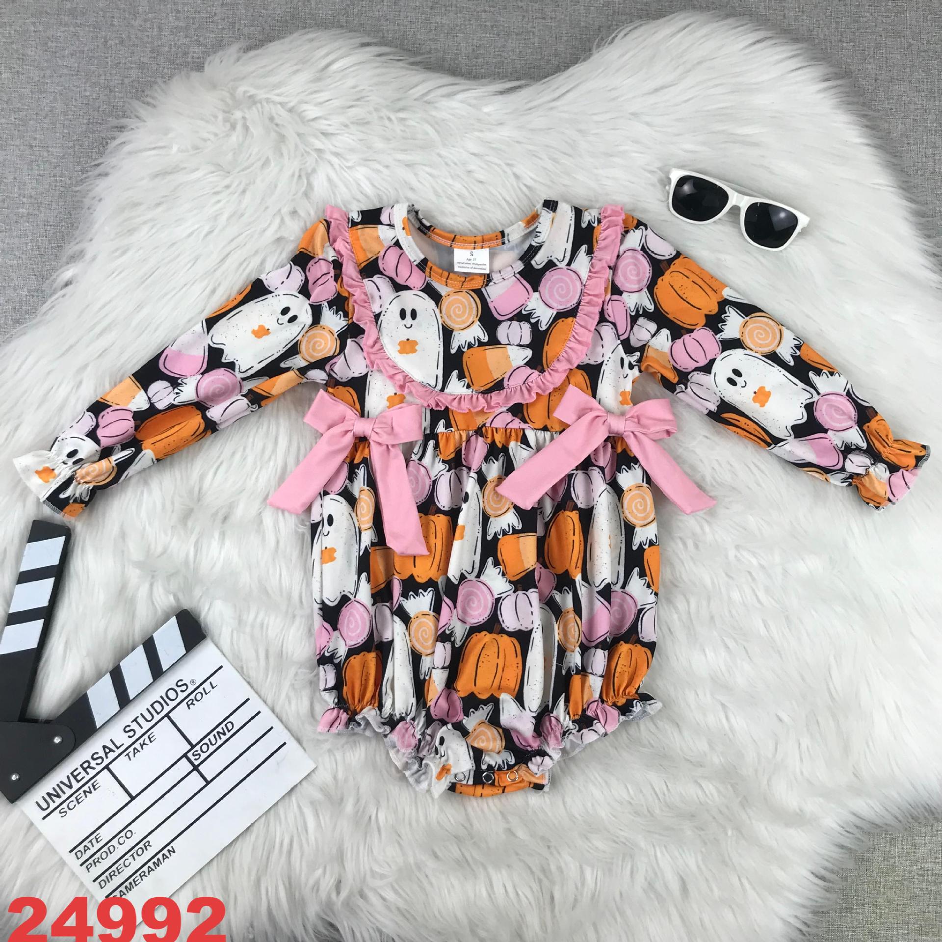 Halloween-Themed Long Sleeve Baby Romper with Pink Bows