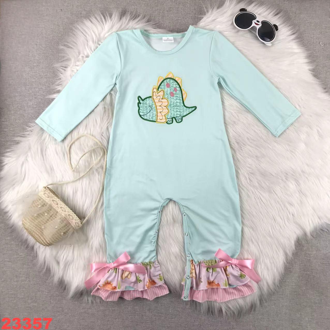Mint Dinosaur Ruffled Long Sleeve Romper
