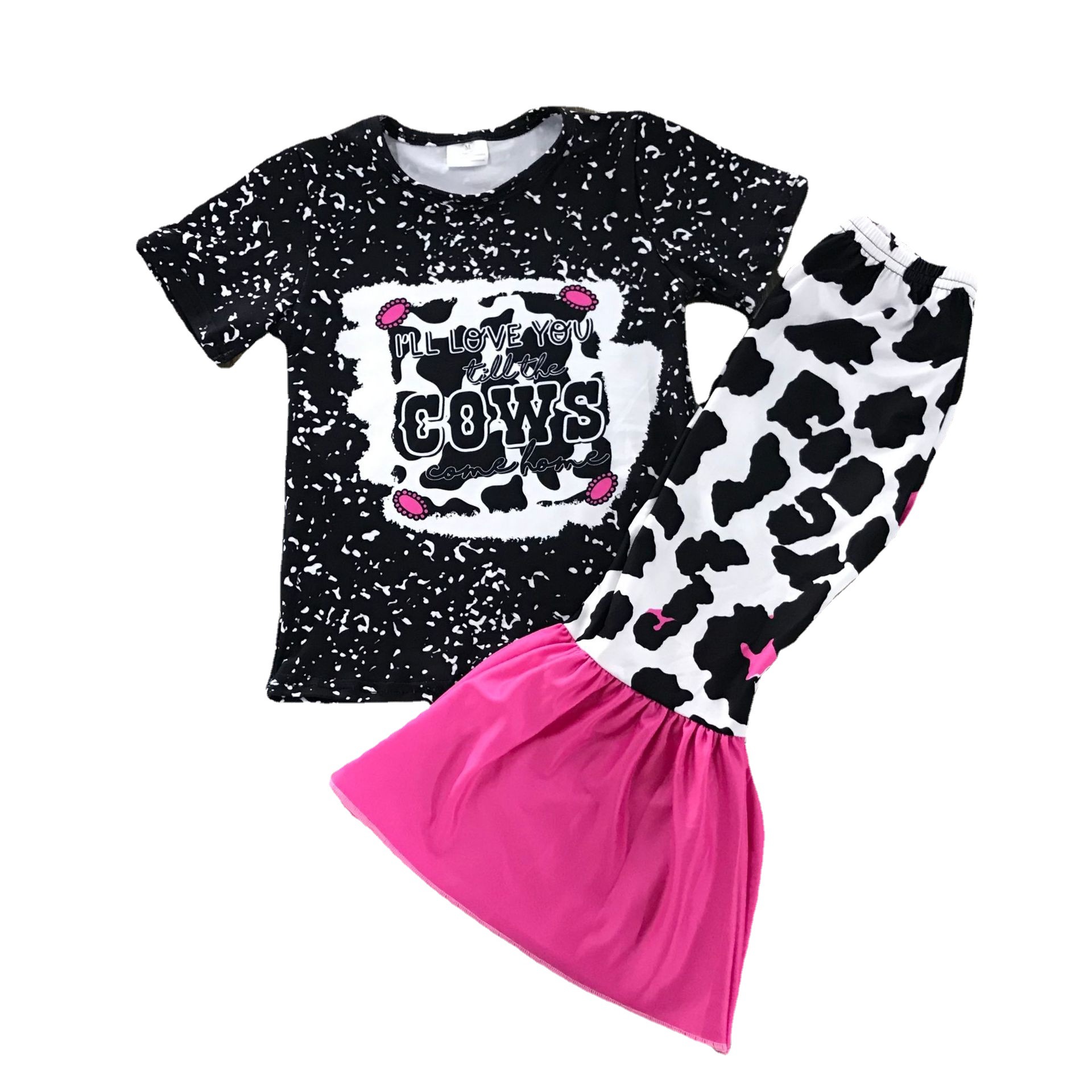 Cow Print Long Sleeve Top and Pink Ruffle Skirt Set