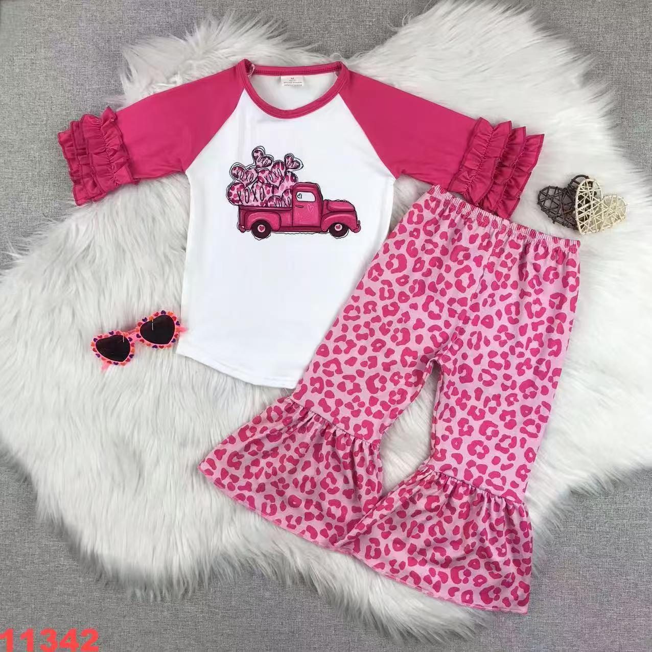 Girls' Pink Ruffle Long Sleeve and Flare Pant Set