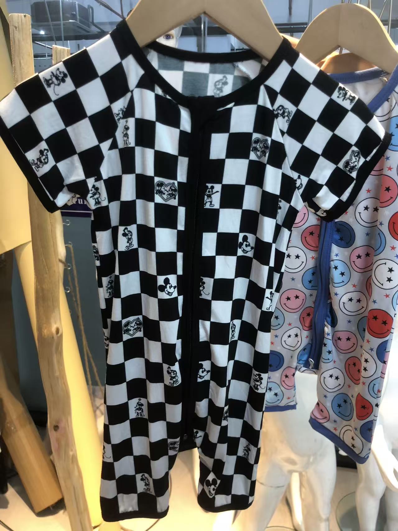 Children's Checkered Short Sleeve Romper with Front Zipper