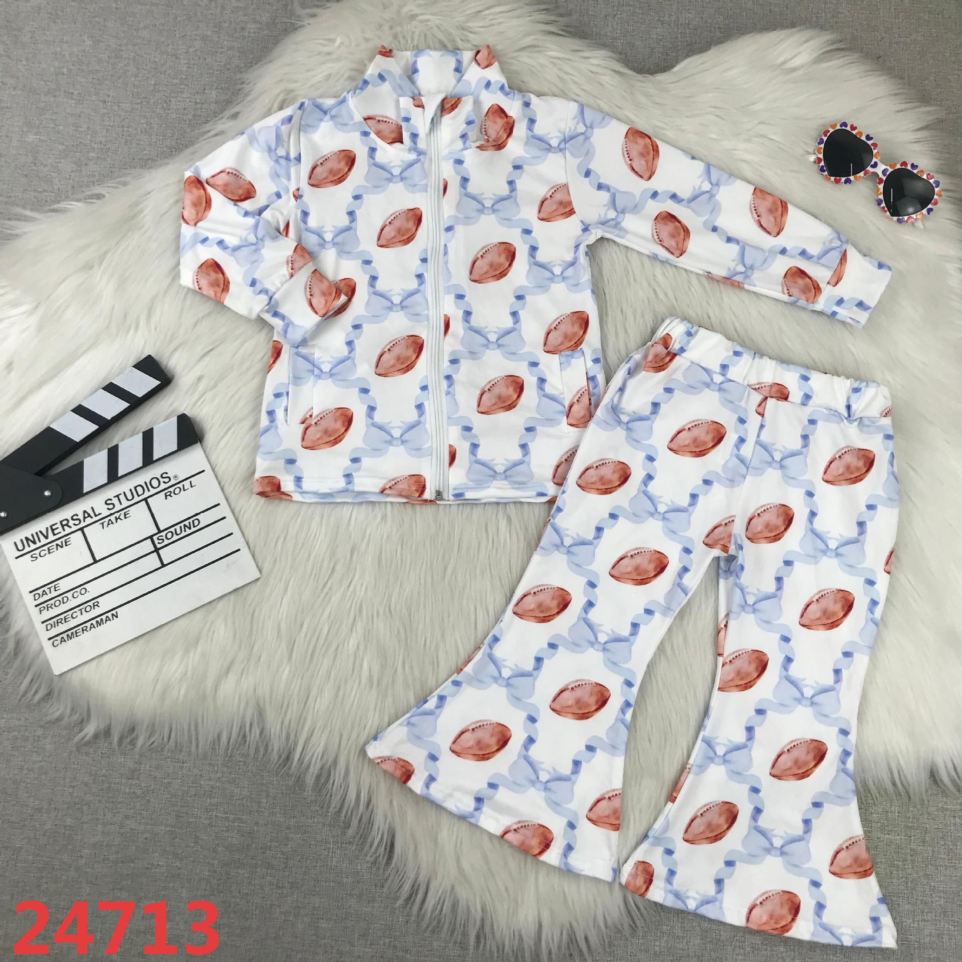 Children's Long Sleeve Jacket and Bell-Bottom Pants Set with Football Pattern