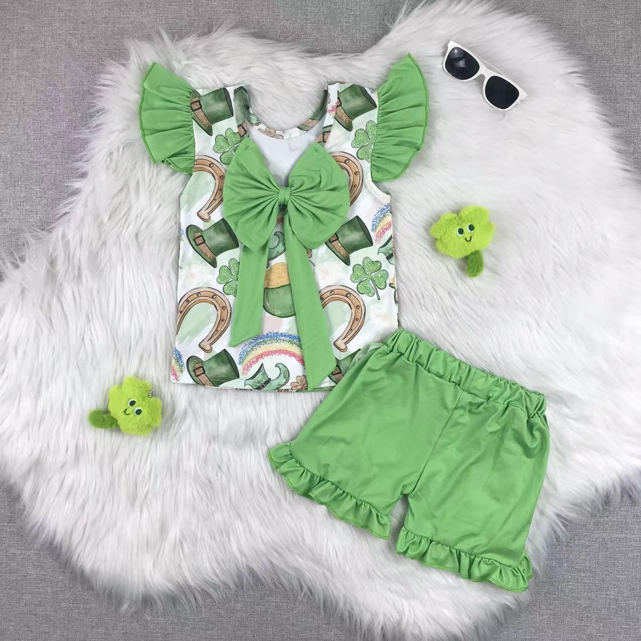 Girls' St. Patrick's Day Short Sleeve Set with Green Bow