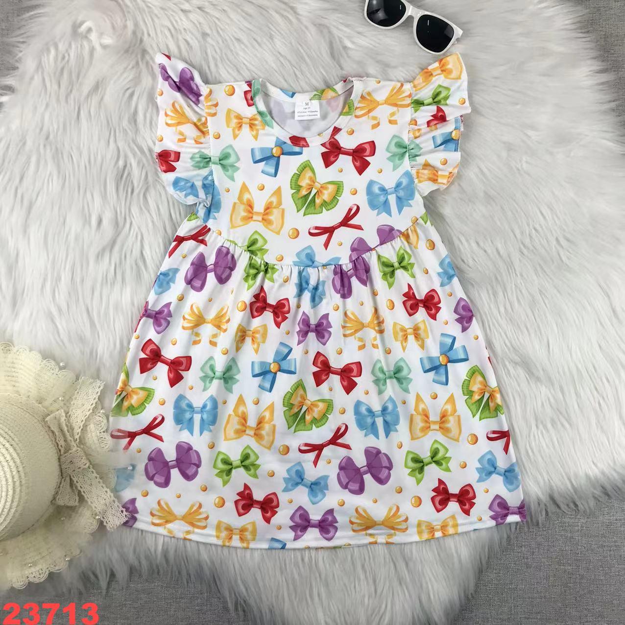 Colorful Bow Print Flutter Sleeve Dress